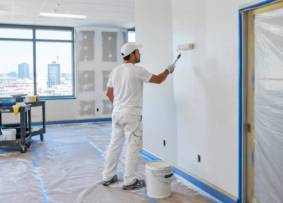 Commercial interior painting in progress with surface preparation, masked trim and protected flooring